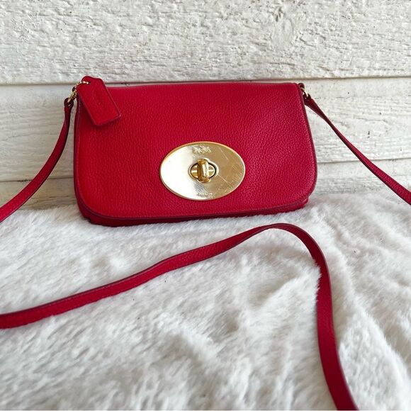 COACH Red Leather Flap Turnlock Crossbody Handbag 52896 - Picture 1 of 10